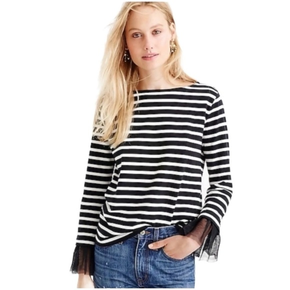 J CREW Women's Tulle Cuffed Stripe Black White Top - XXS - Picture 2 of 11